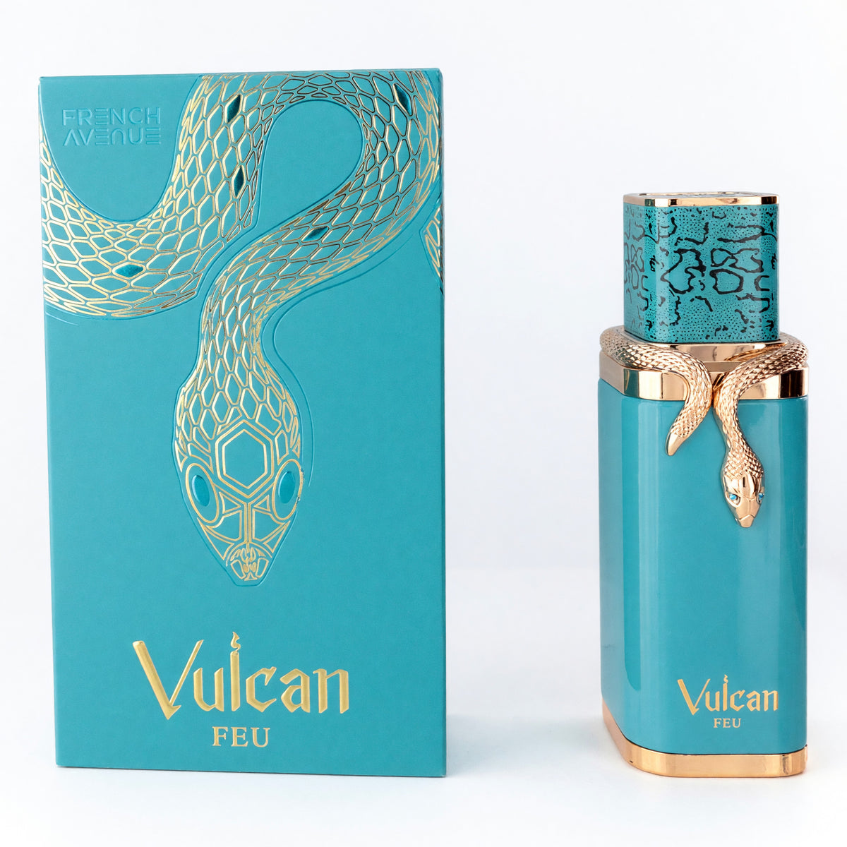 Unisex EDP spray perfume bottle and box, teal with gold accents and Vulcan logo