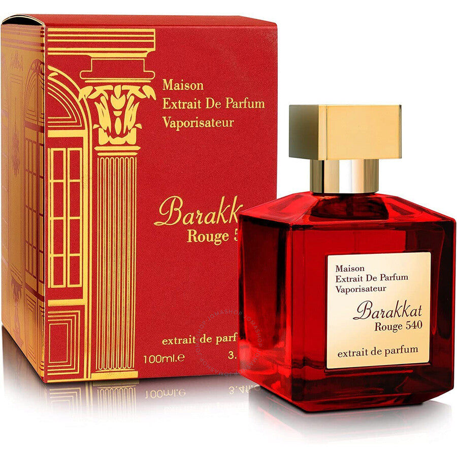 Unisex extrait de parfum spray bottle with red glass and gold cap, in red box
