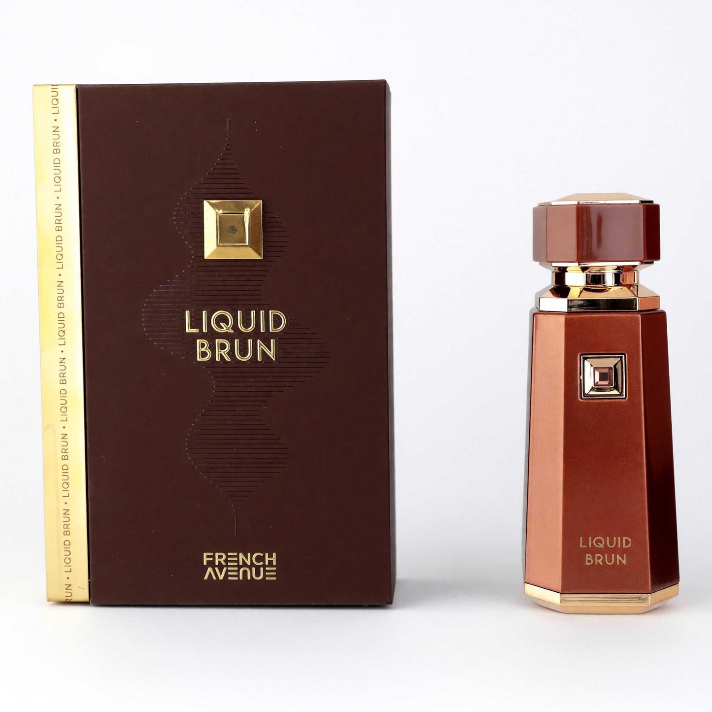 Men's Liquid Brun Eau de Parfum spray with brown box and amber bottle, gold cap