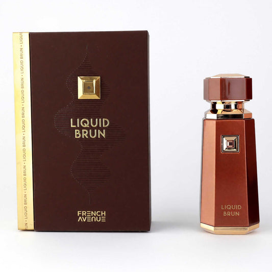 Men's Liquid Brun Eau de Parfum spray with brown box and amber bottle, gold cap