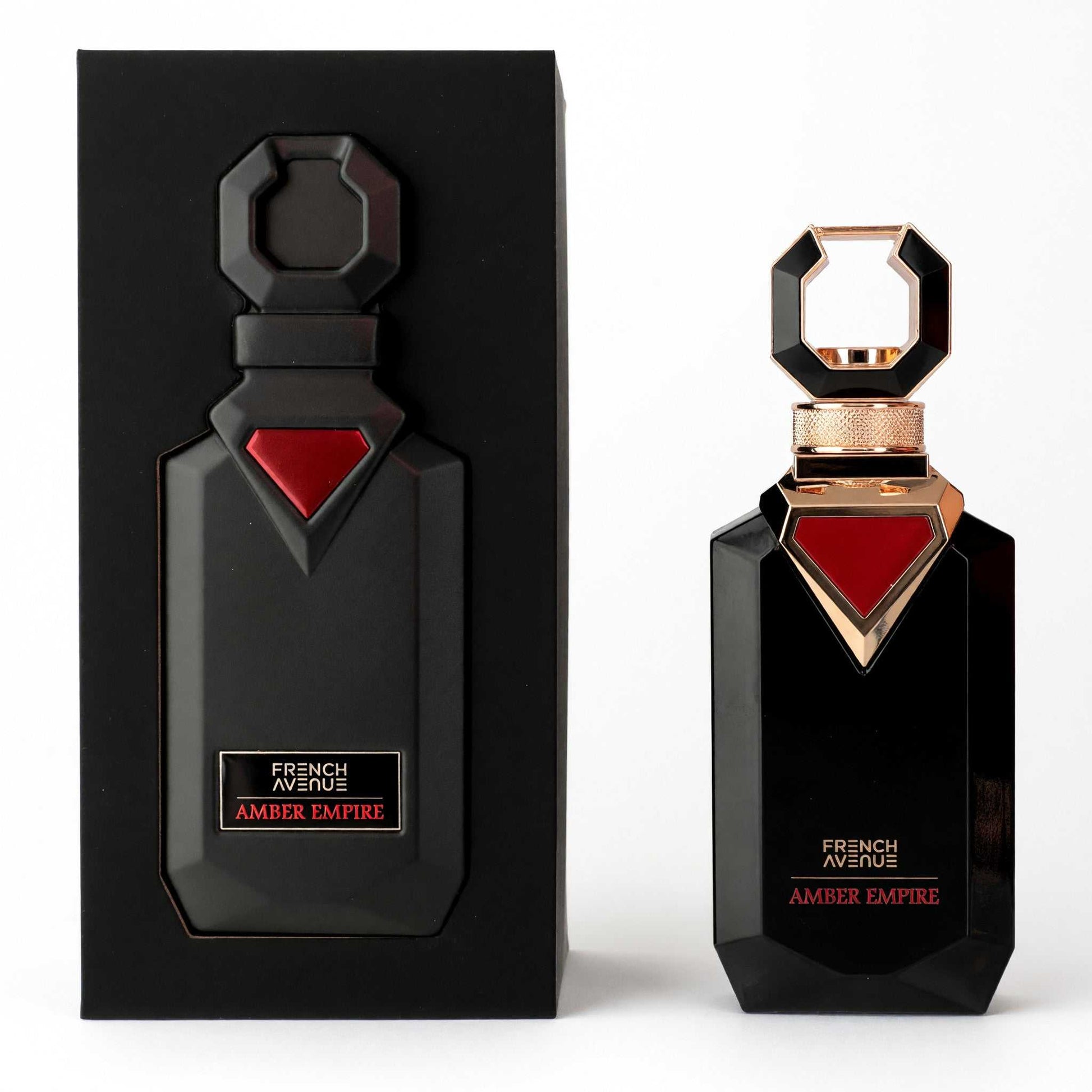 Amber Empire men's extrait de parfum bottle, black glass with red emblem and gold cap