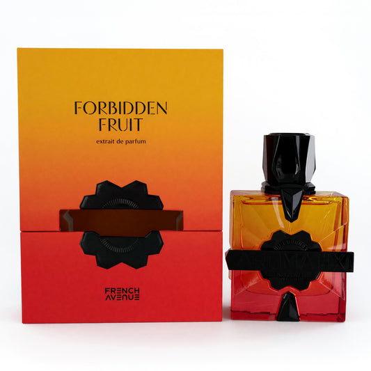 Aromatix Forbidden Fruit EDP spray bottle with amber glass and black faceted cap, shown with box