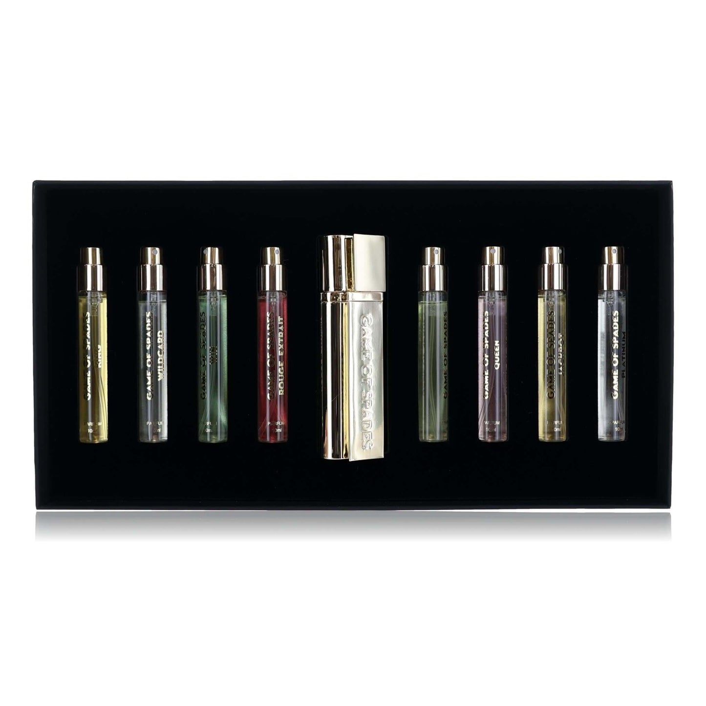 9-piece fragrance coffret set with slender bottles in a display box, assorted colors