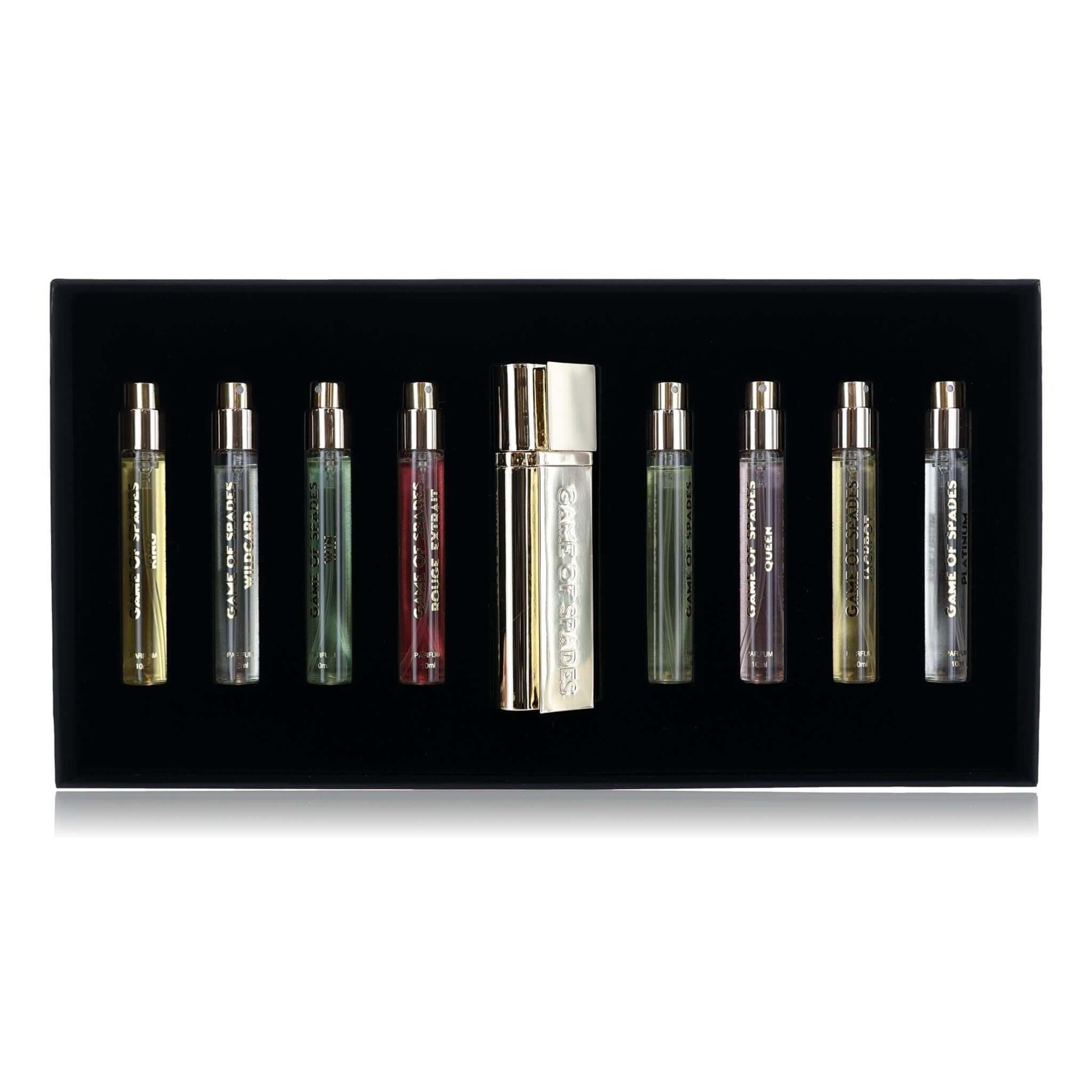 9-piece fragrance coffret set with slender bottles in a display box, assorted colors