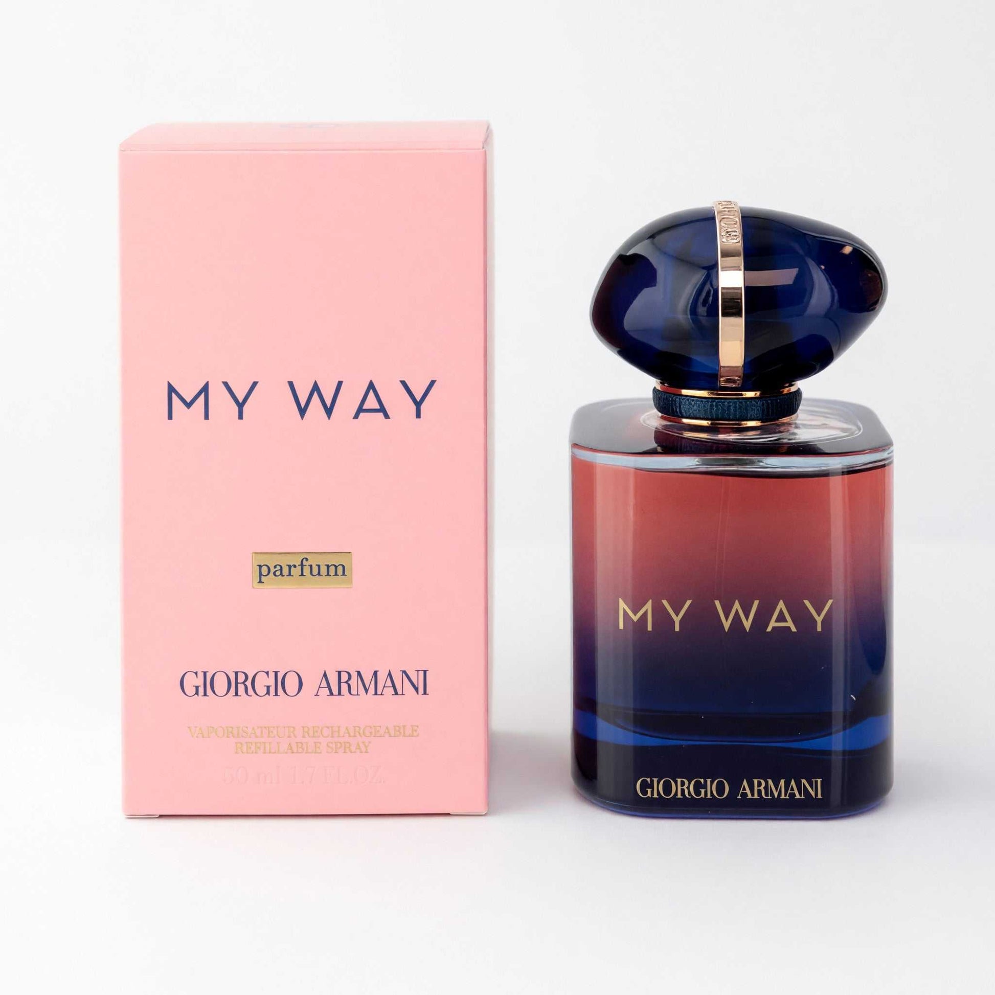 Women's parfum spray bottle with blue glass and pink My Way Giorgio Armani box