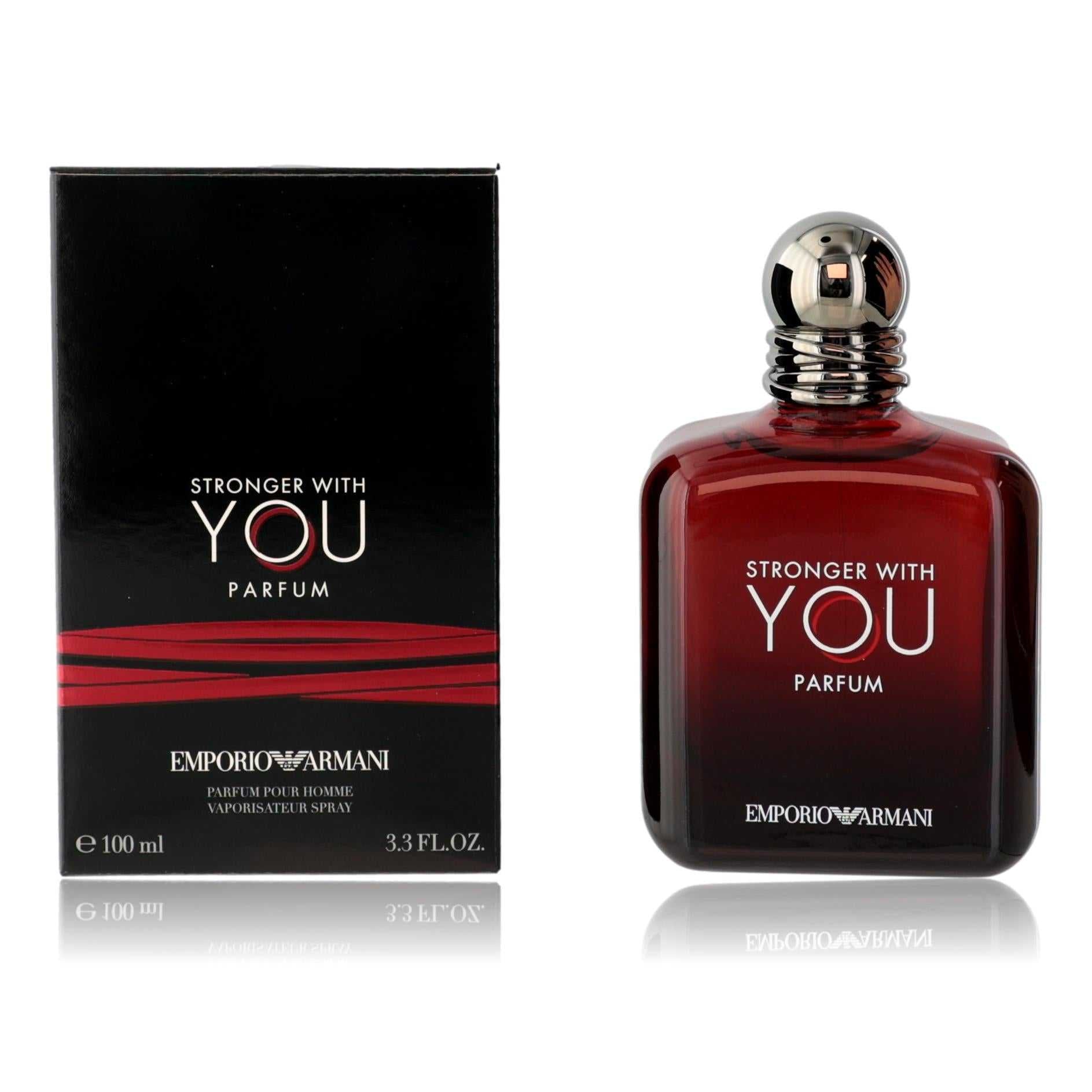 Emporio Armani Stronger with You men’s parfum spray bottle with chrome cap and dark red glass