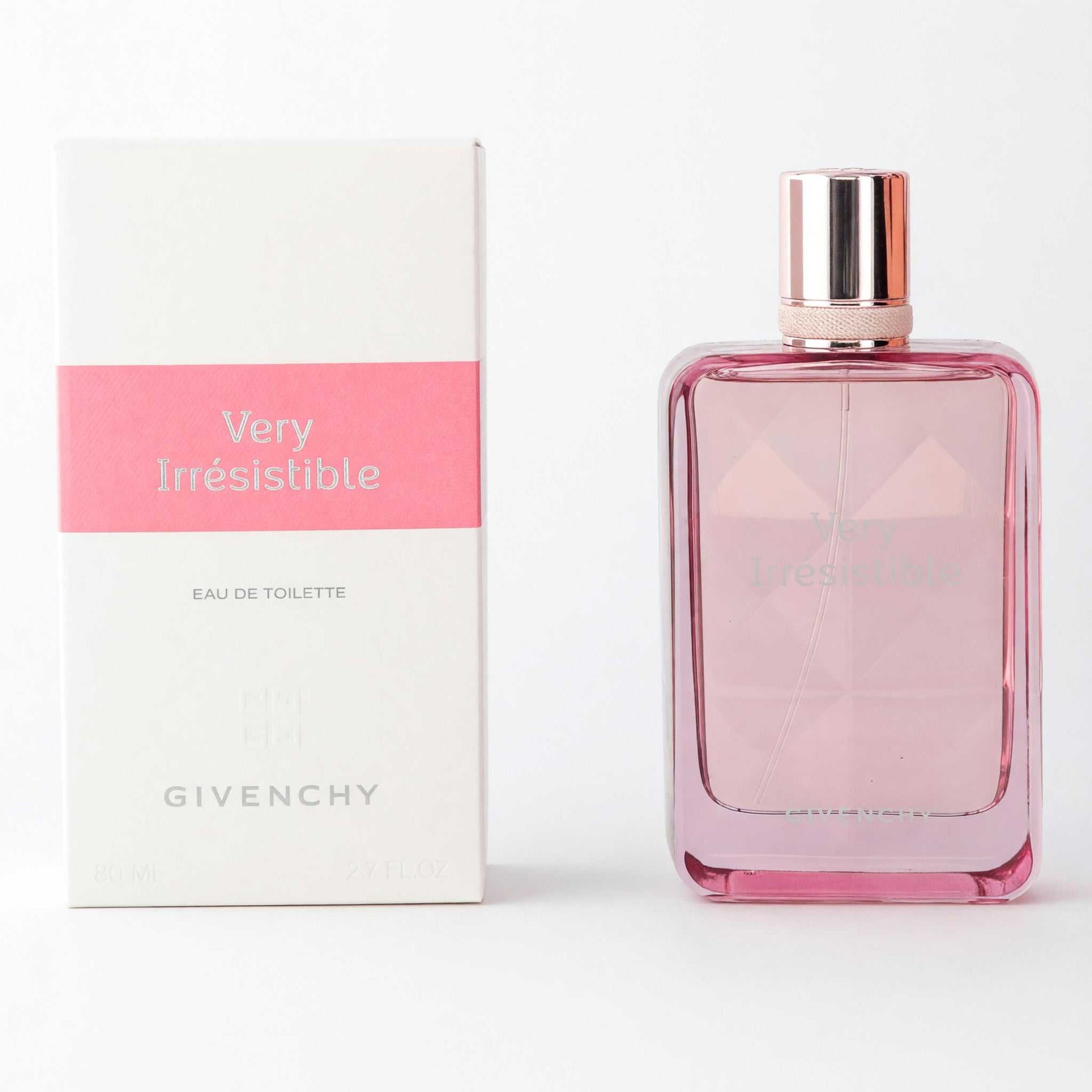 Givenchy Very Irresistible women's eau de toilette spray bottle, pink glass and metallic cap