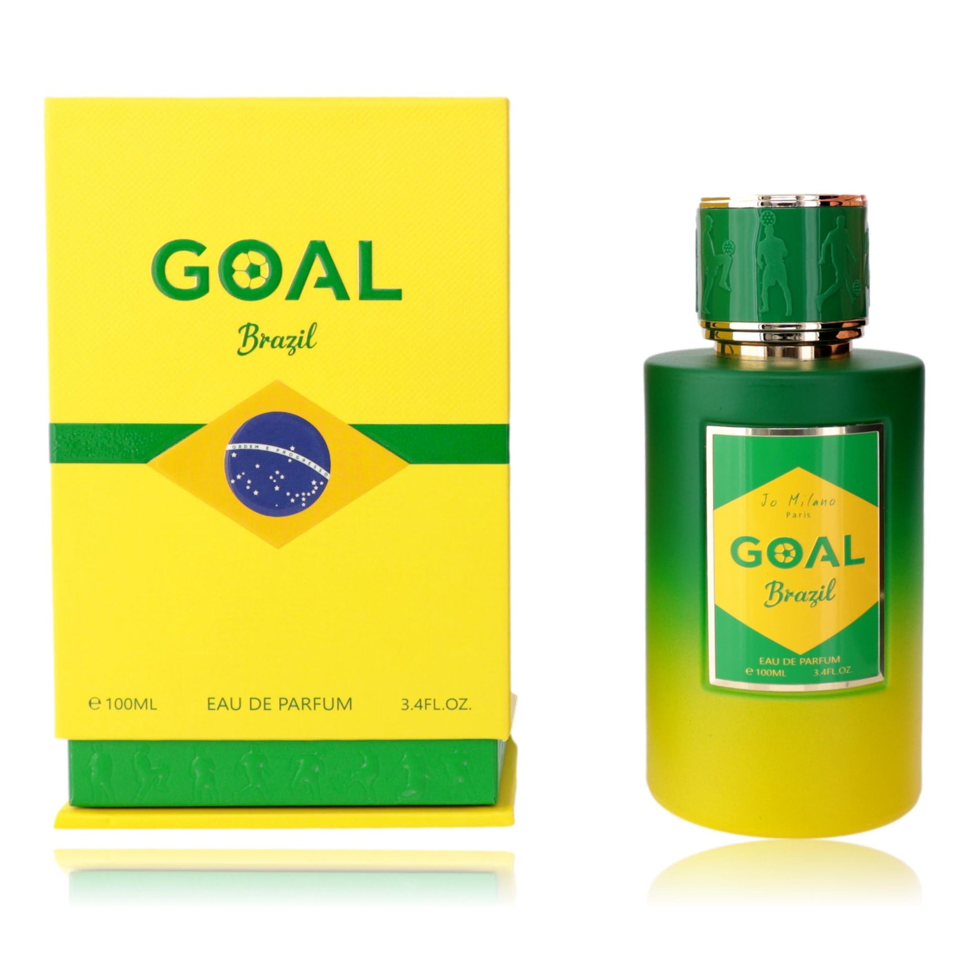 Jo Milano Goal Brazil EDP spray bottle with green glass and yellow label, plus box