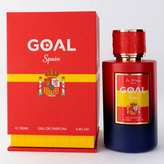 Eau de parfum spray bottle with red cap, dark blue glass, and matching Spain box