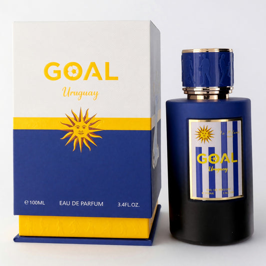 Unisex eau de parfum spray bottle with dark bottle, gold cap, and matching box.