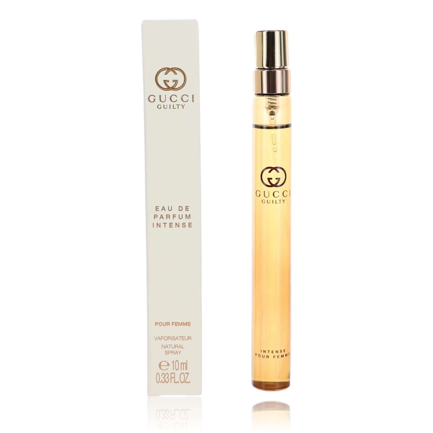 Gucci Guilty eau de parfum intense spray, amber glass bottle with gold cap and box.
