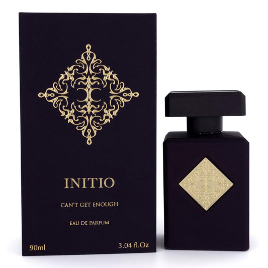 Initio Can't Get Enough eau de parfum spray bottle with gold emblem, shown with box