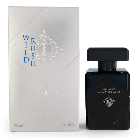 Initio Wild Rush EDP spray bottle with matte black cap and matching box, 3.04 fl oz