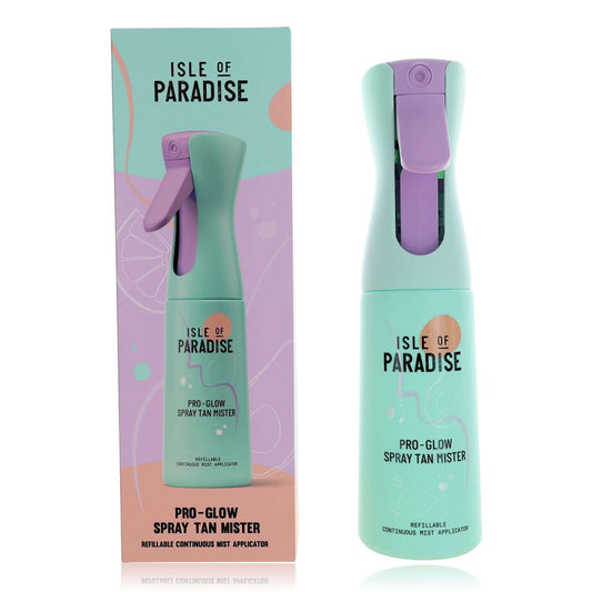 Refillable spray tan mist applicator with aqua body and purple spray nozzle