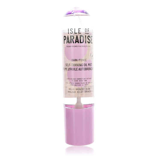 Dark self-tanning oil mist bottle with purple tube and spray cap