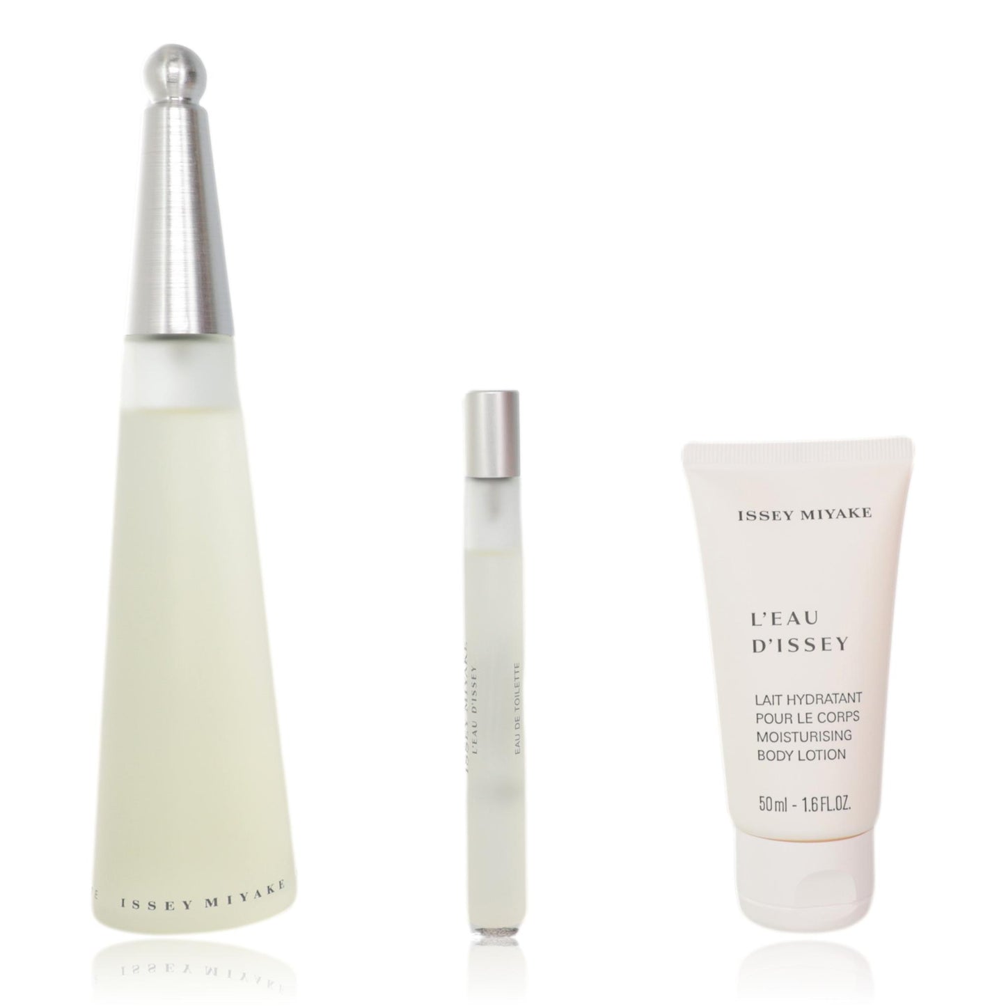 Women’s fragrance gift set with spray bottle, rollerball vial, and lotion tube