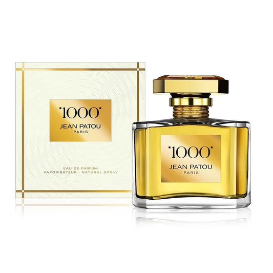 Jean Patou 1000 Eau de Parfum spray bottle with gold glass and dark gold cap