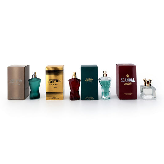 4-piece men’s fragrance mini set with boxed bottles and colorful glass spray vials