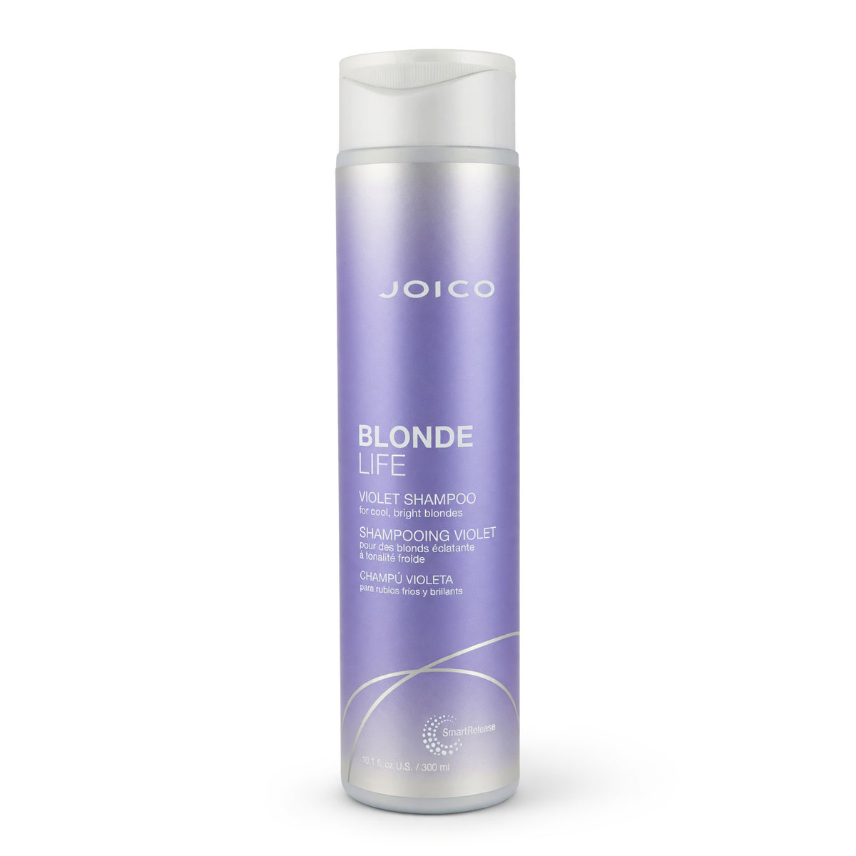 Joico Blonde Life violet shampoo bottle with white cap, tall clear-lavender container