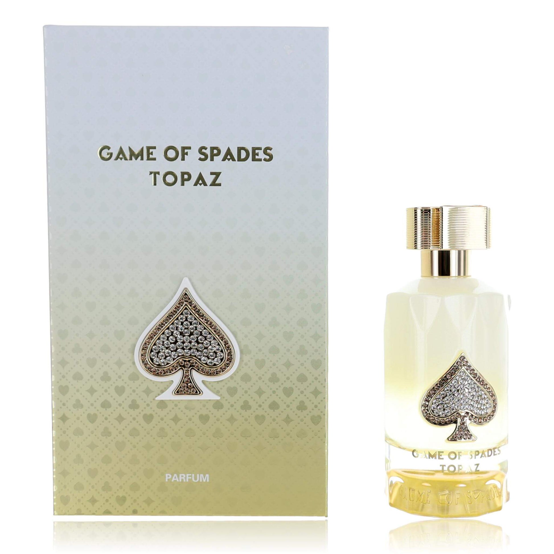 Unisex parfum spray bottle and box with gold spade emblem, Topaz fragrance.