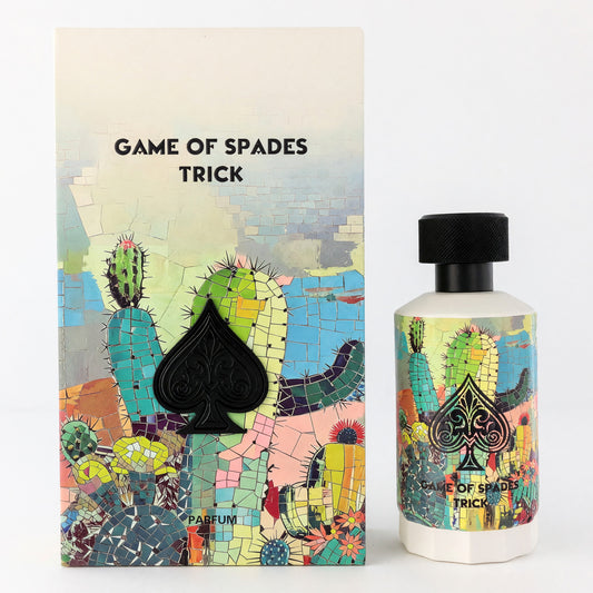 Unisex parfum spray bottle with black cap and Game of Spades Trick label