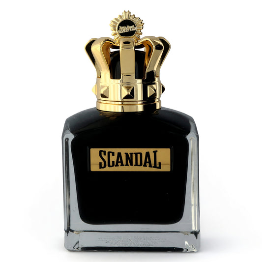 Men's EDP perfume bottle, black glass with gold crown cap and Scandal label