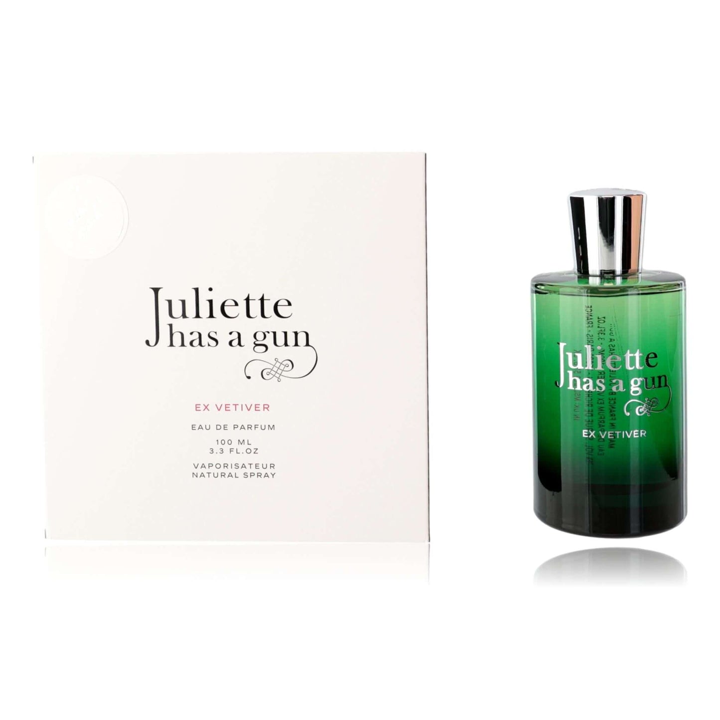 Ex Vetiver EDP spray bottle and box, green glass with silver cap by Juliette Has a Gun