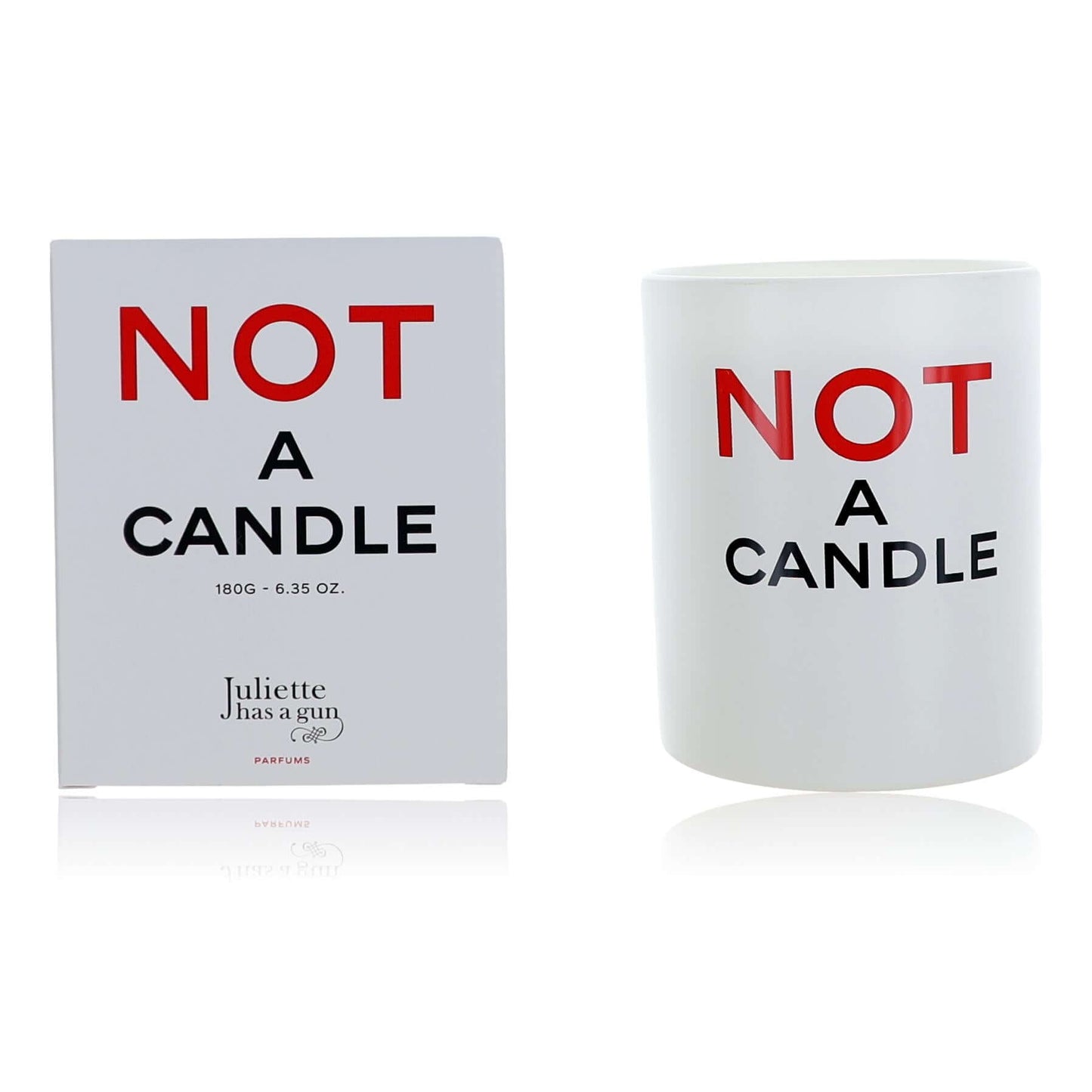 Scented candle in white jar with red 'NOT A CANDLE' text, 6.35 oz.
