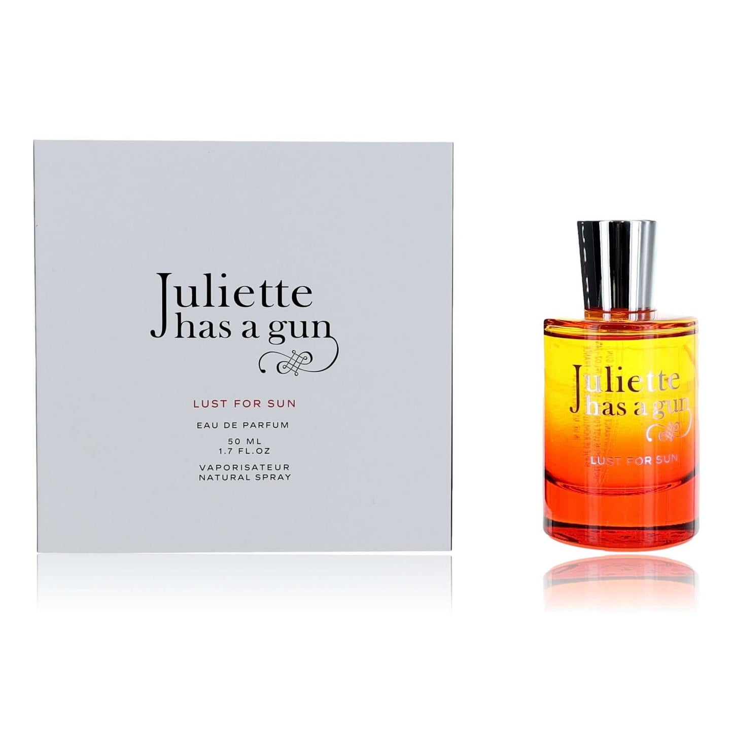 Amber eau de parfum spray bottle with black cap and matching Lust For Sun box