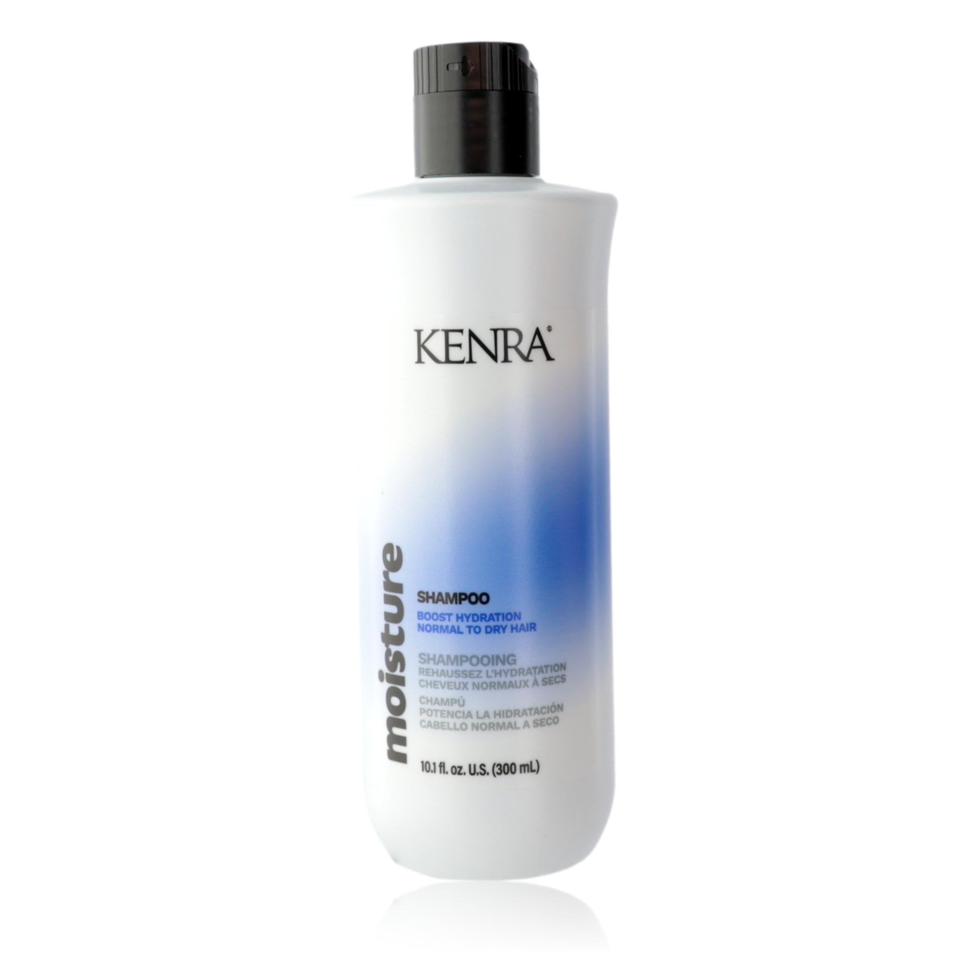 Kenra Moisture shampoo bottle with black cap, white bottle, 10.1 oz