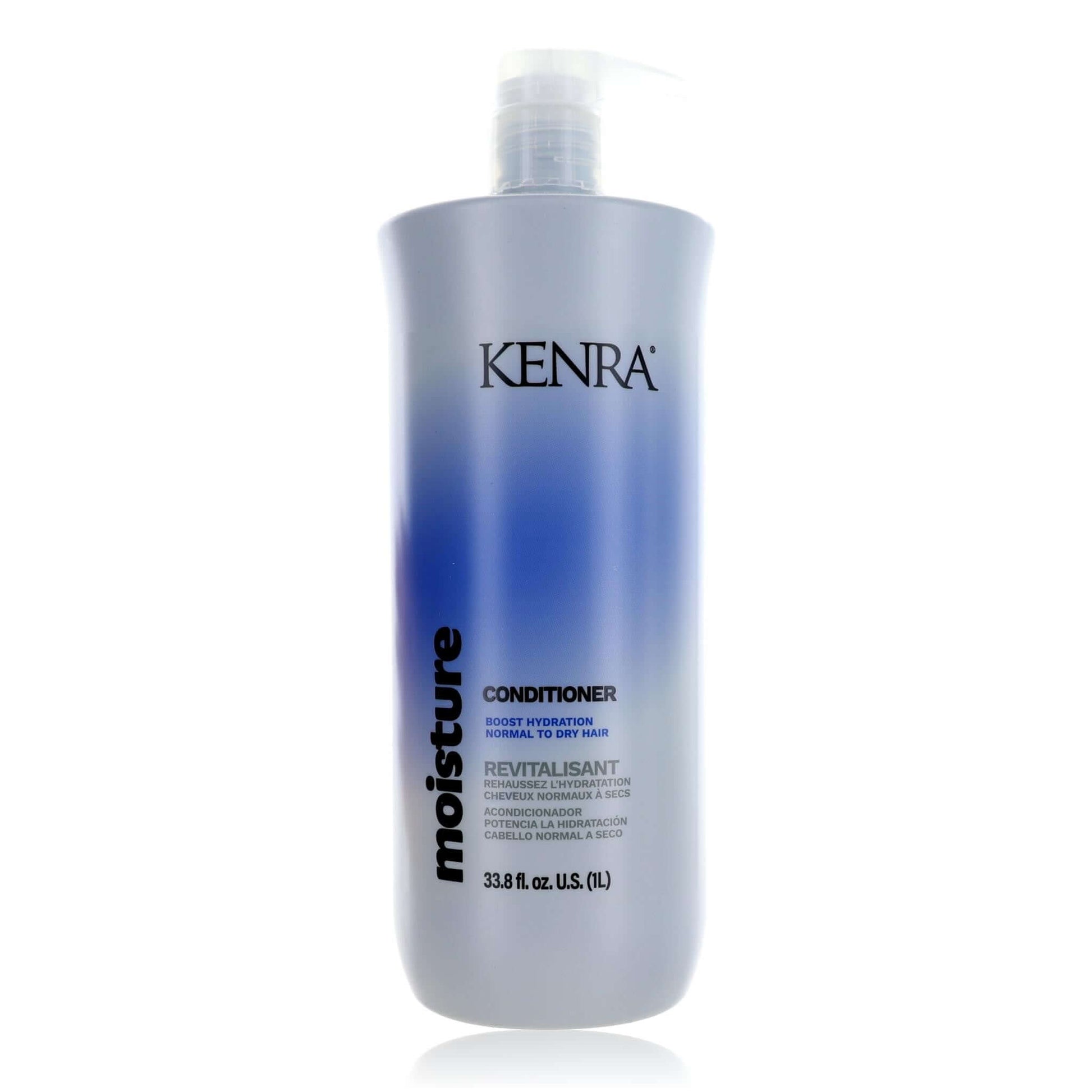 Kenra conditioner bottle, 33.8 oz, gray-blue with pump top and Moisture label