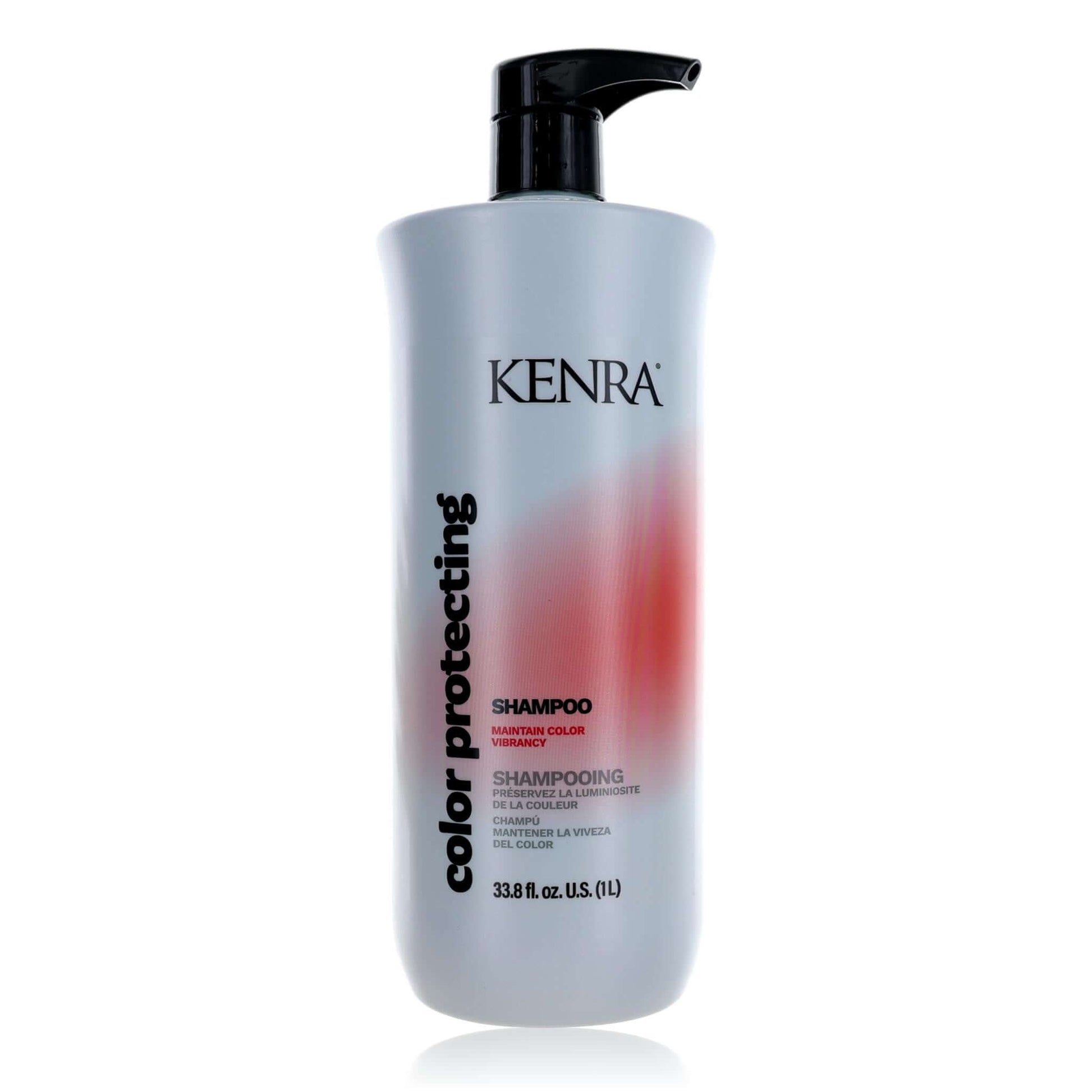 Kenra color-protecting shampoo bottle, 33.8 fl oz, black pump and white label