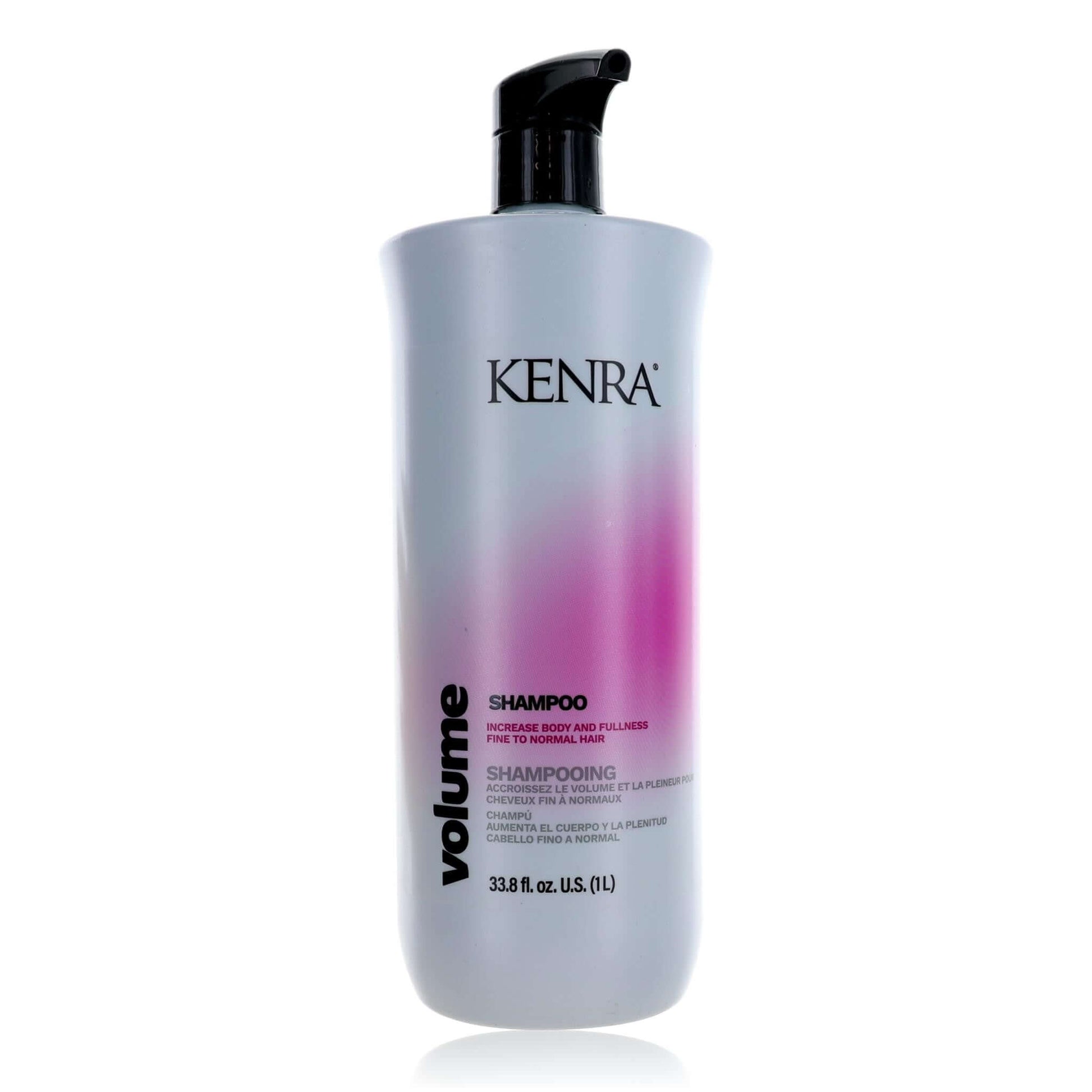 Shampoo bottle with black pump, gray body and Kenra Volume label, 33.8 oz