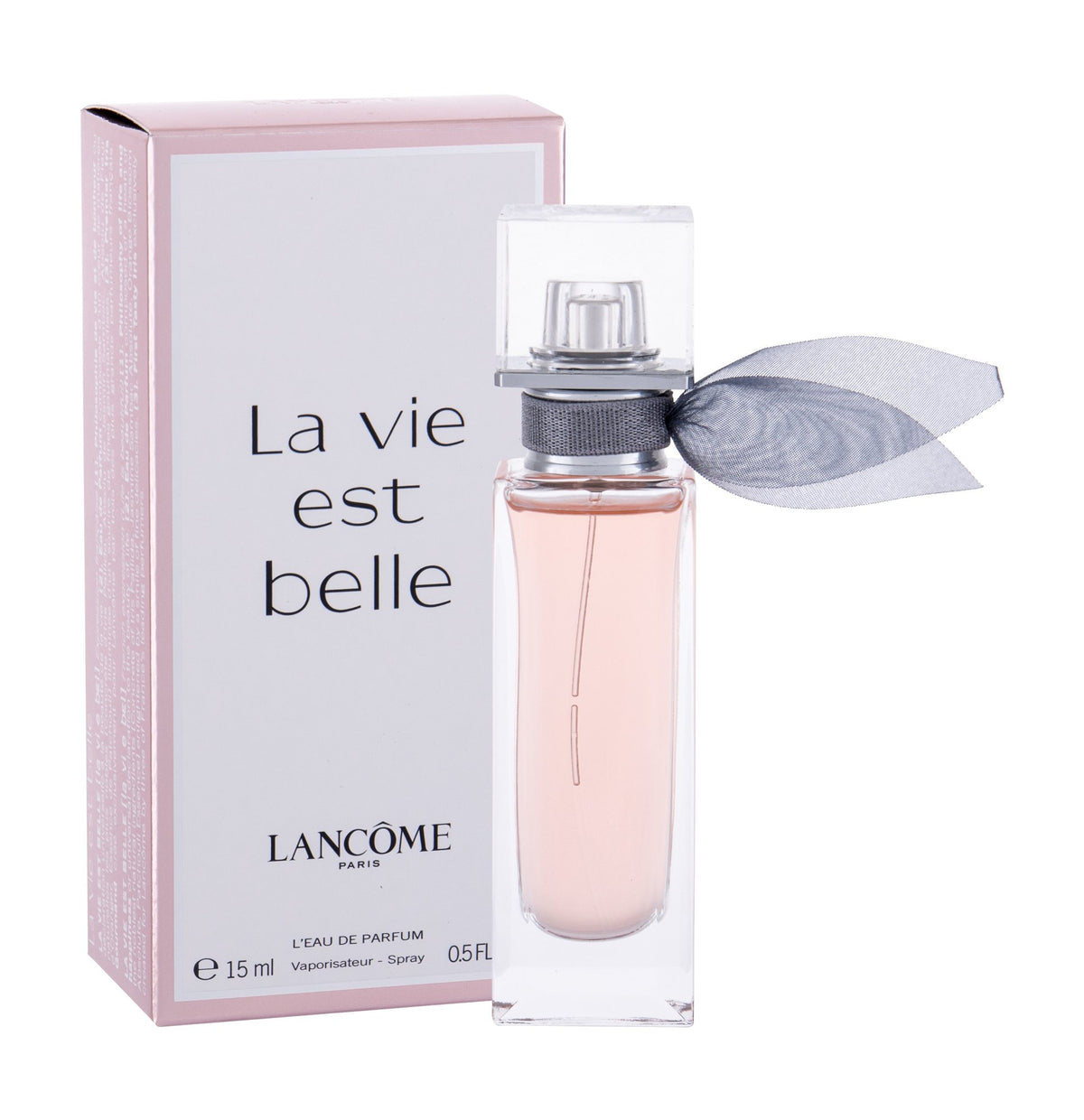 La Vie Est Belle eau de parfum spray bottle, 0.5 oz, pink glass with black cap