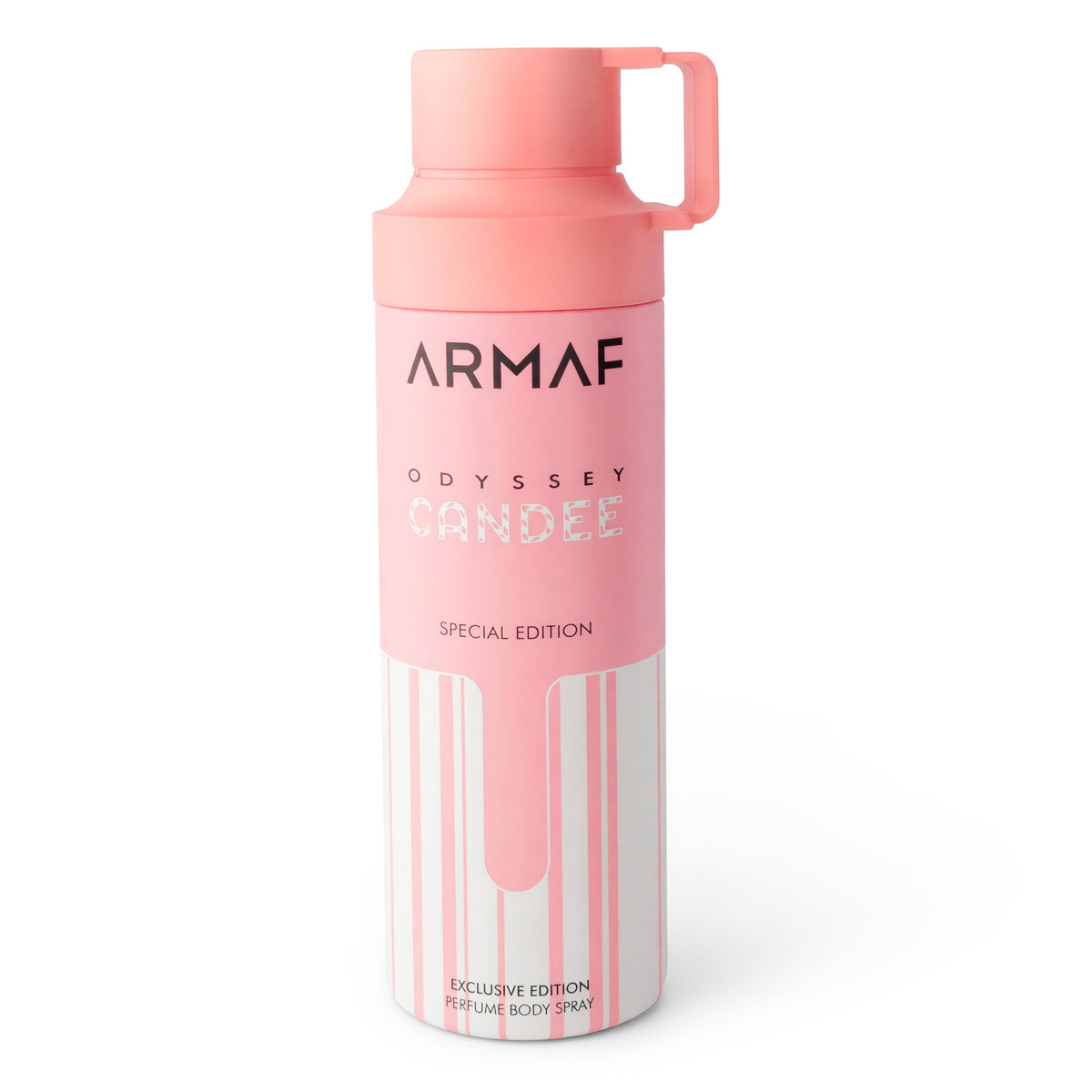 Armaf Odyssey Candee women's body spray in a pink aerosol can with a handled cap.