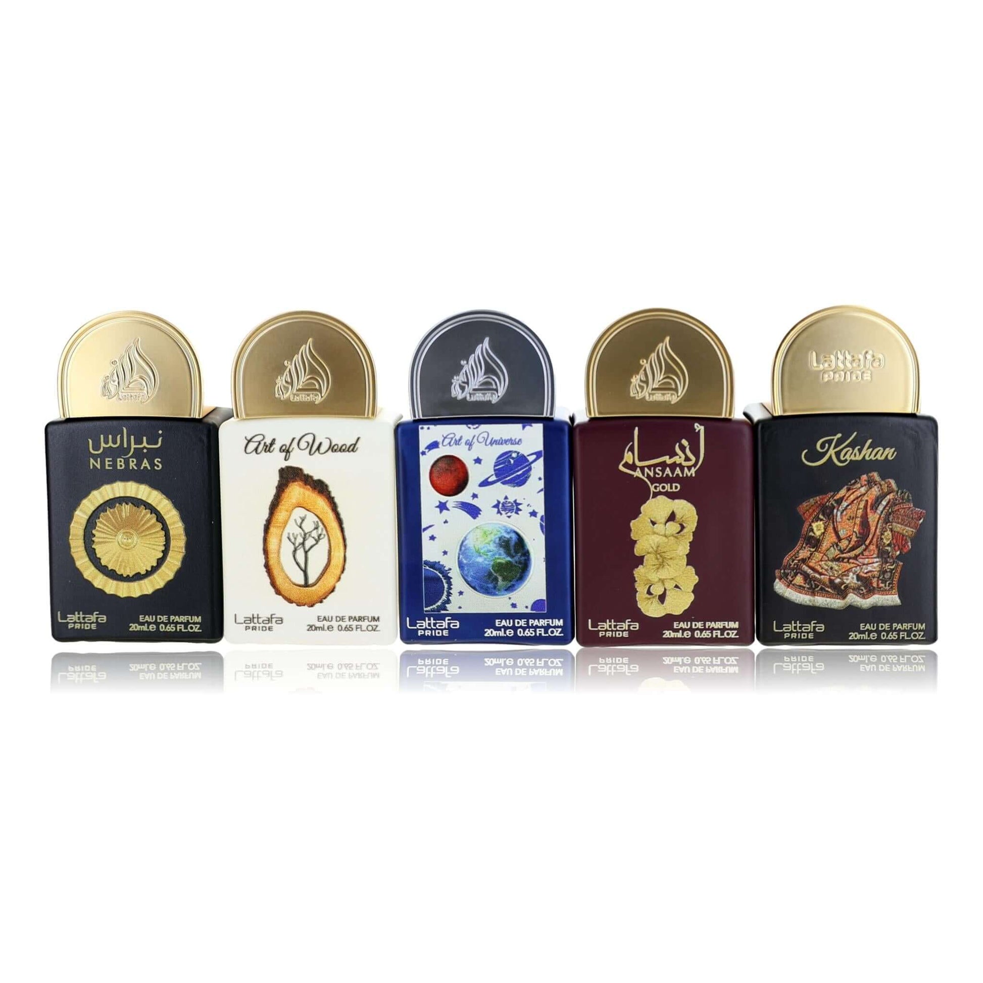 5-piece unisex perfume set with five assorted bottle designs and labels