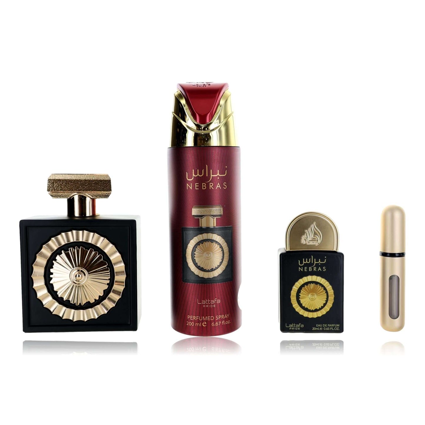 3-piece unisex fragrance gift set: perfume bottle, body spray can, travel atomizer