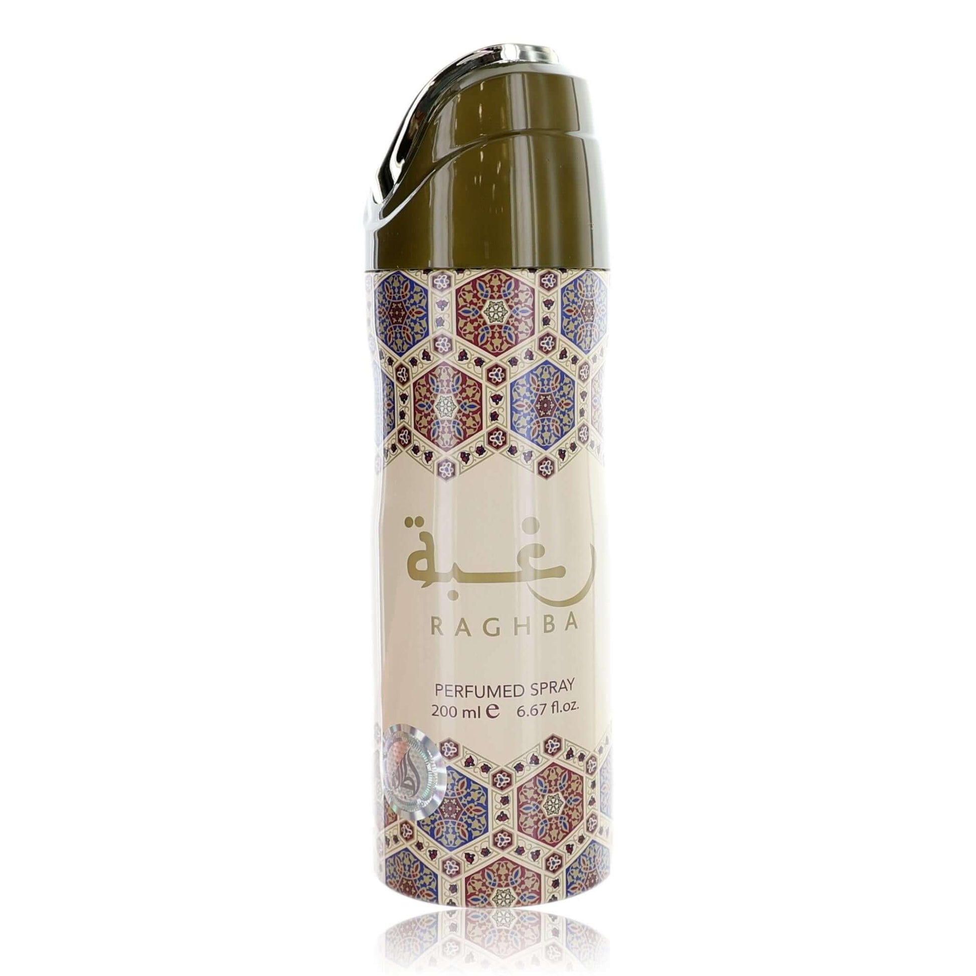 Raghba perfumed deodorant spray can, metallic cap, 200 ml label