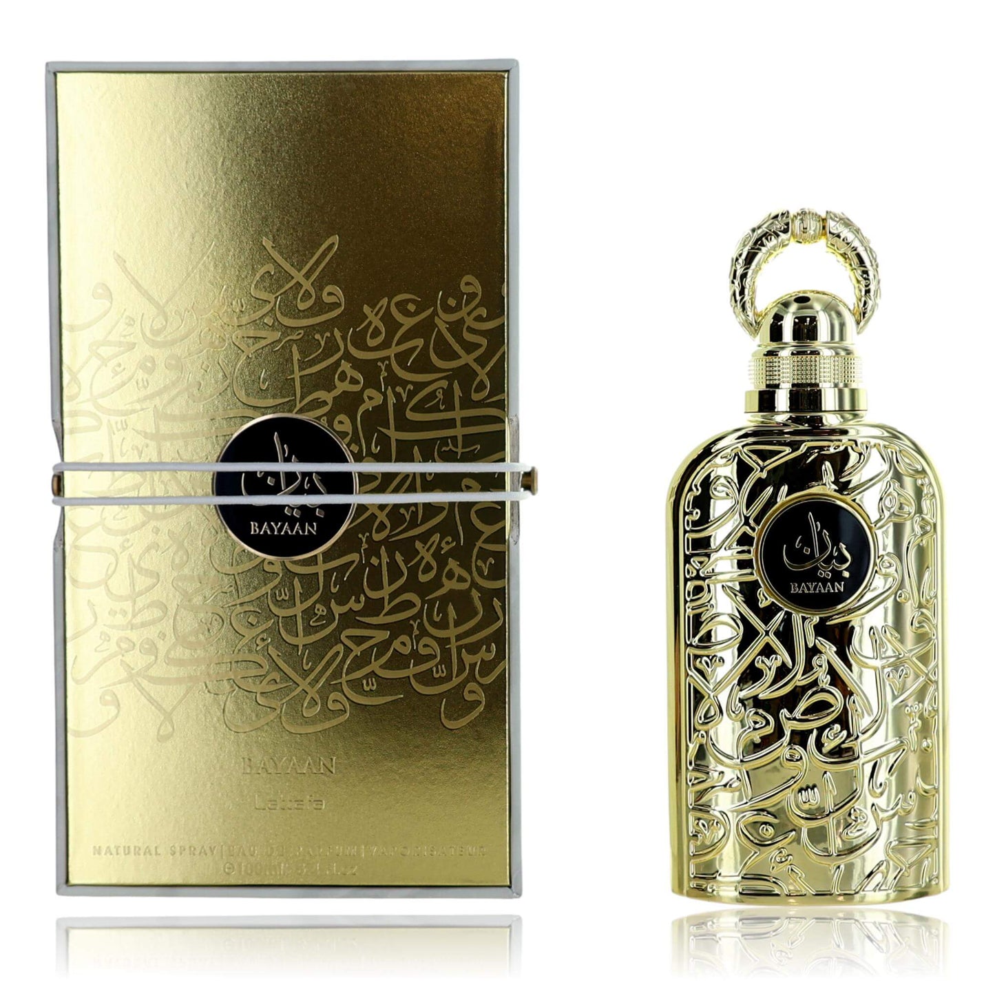Bayaan by Lattafa eau de parfum spray bottle and gold gift box, ornate cap, dark label
