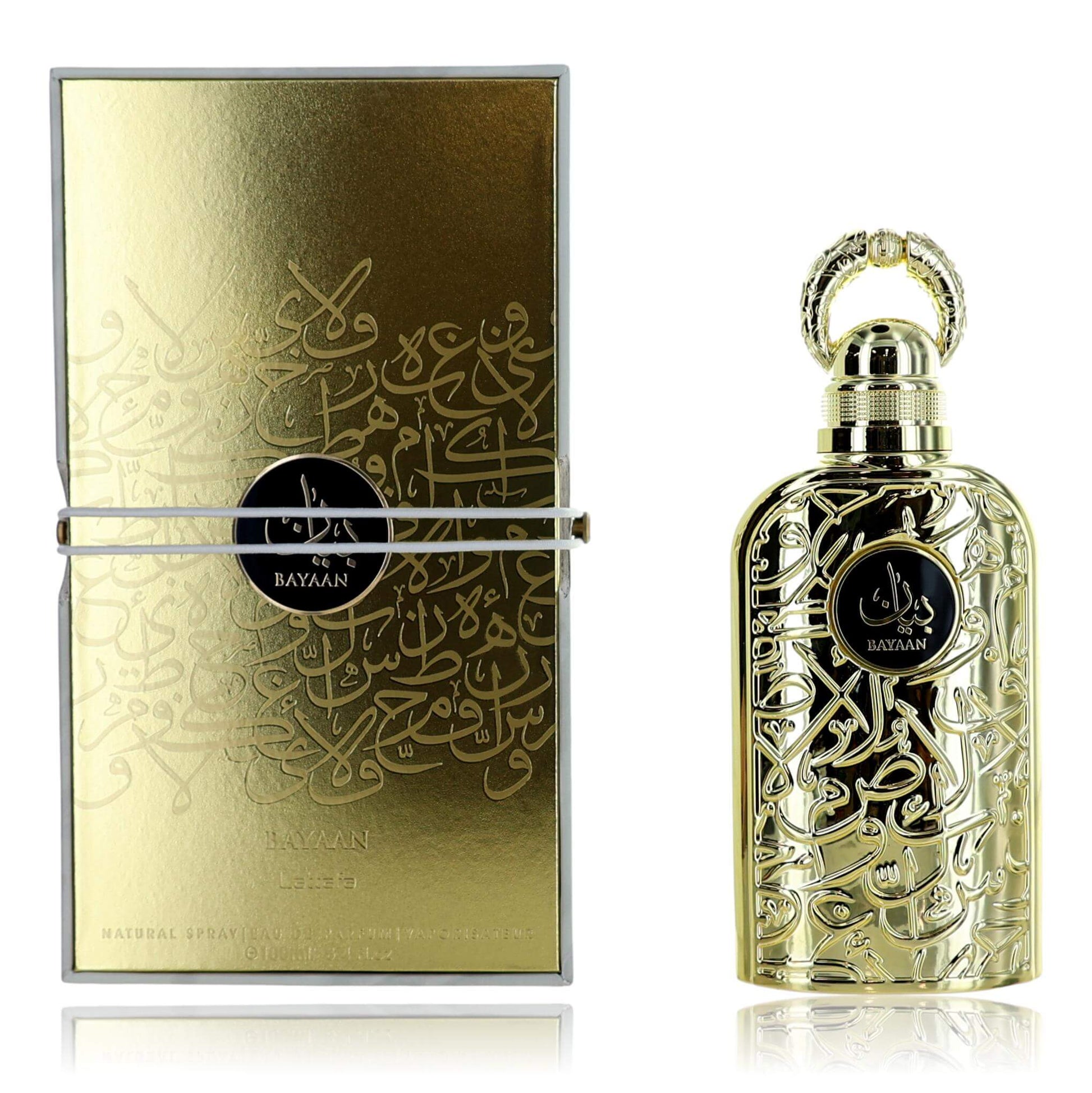 Bayaan by Lattafa eau de parfum spray bottle and gold gift box, ornate cap, dark label