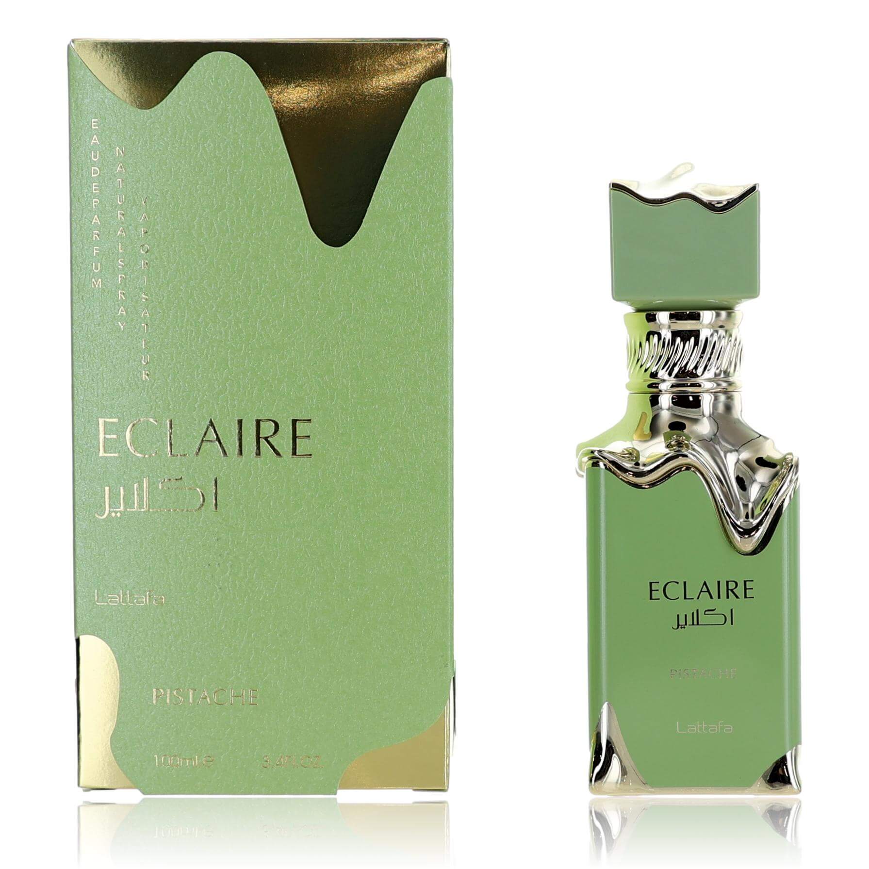 Green Eclaire EDP spray perfume bottle with matching box, 3.4 oz