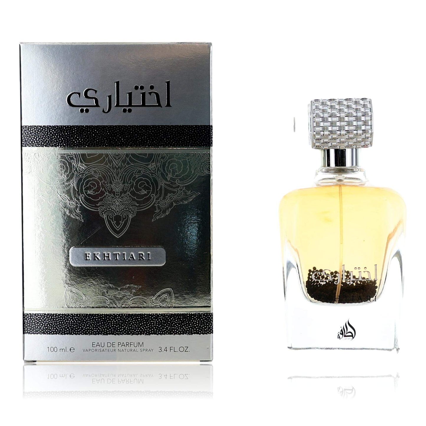 Ekhtiari EDP spray bottle with silver cap and matching box, 3.4 oz, unisex