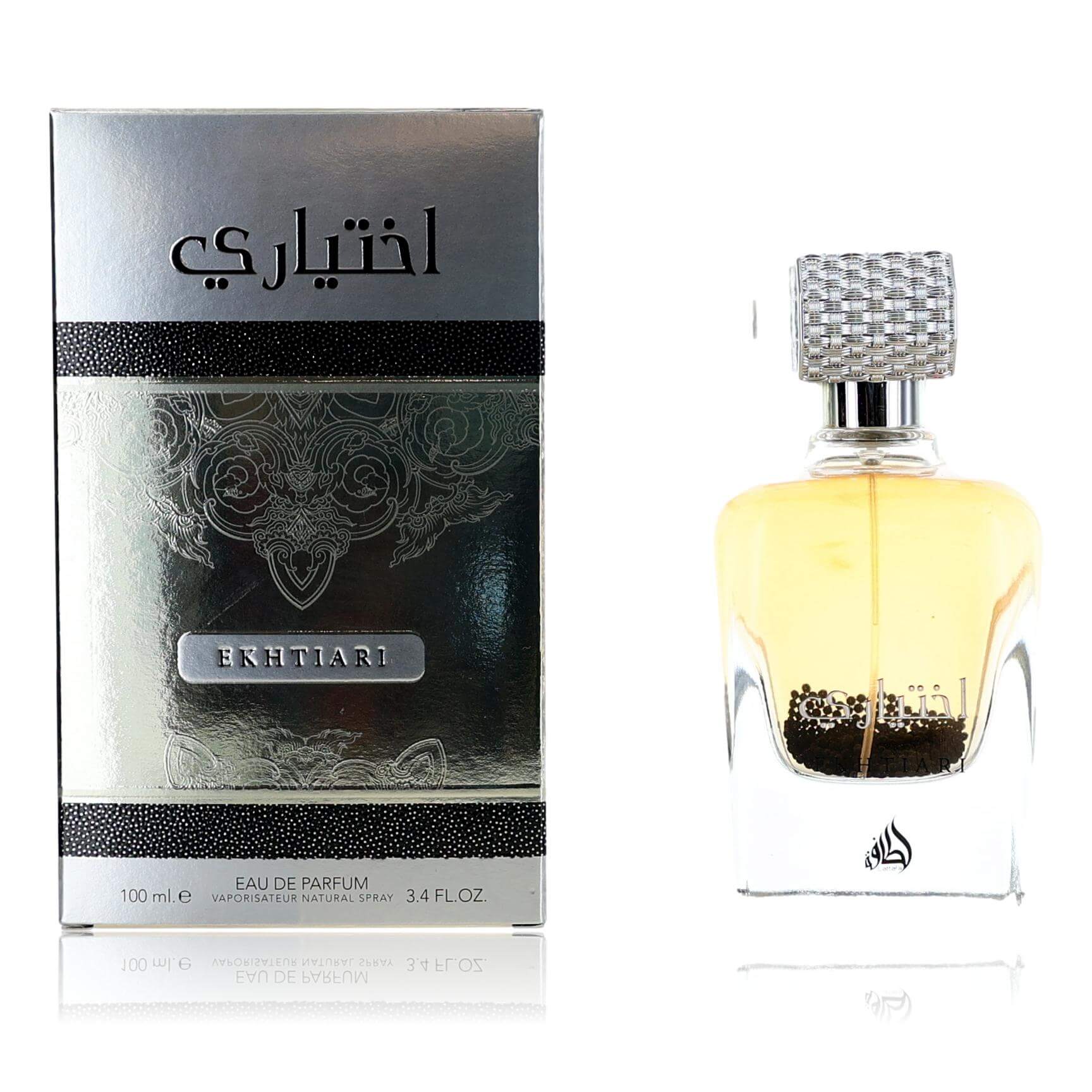 Ekhtiari EDP spray bottle with silver cap and matching box, 3.4 oz, unisex