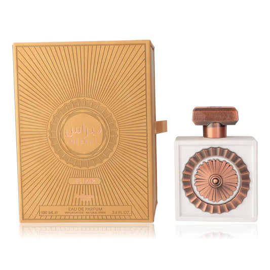Lattafa Nebras Elixir EDP spray bottle with ornate copper cap and matching box