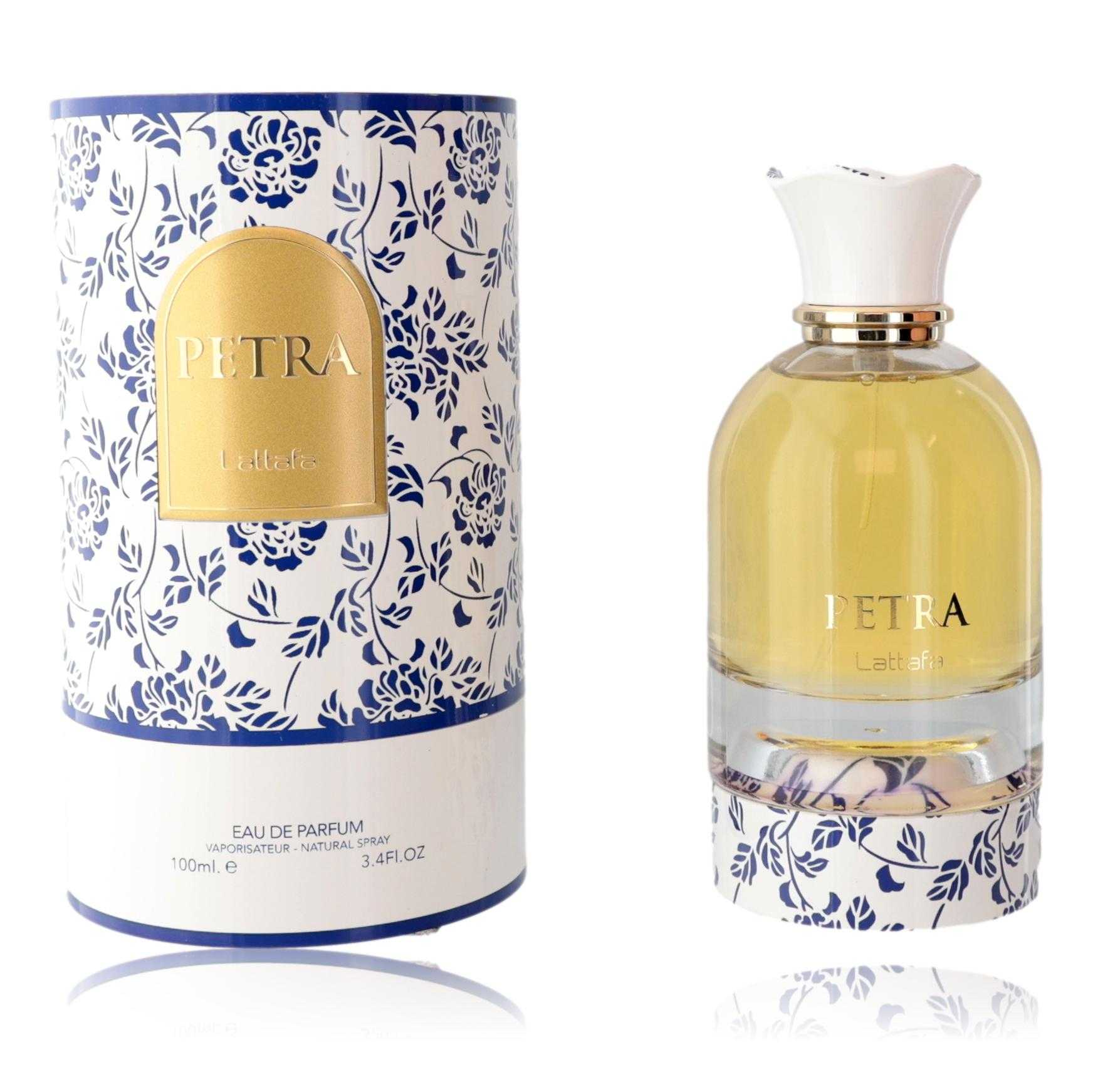 Petra by Lattafa unisex EDP spray bottle and decorative gift box, blue floral design