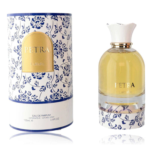 Petra by Lattafa unisex EDP spray bottle and decorative gift box, blue floral design