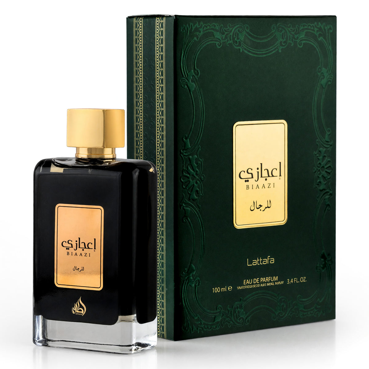 Ejaazi by Lattafa unisex eau de parfum spray bottle with gold cap and green box
