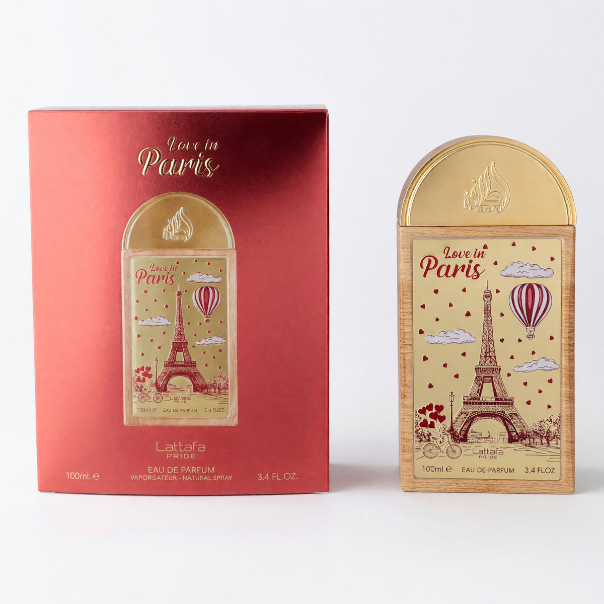 Lattafa Love in Paris EDP spray perfume bottle and box, gold and red