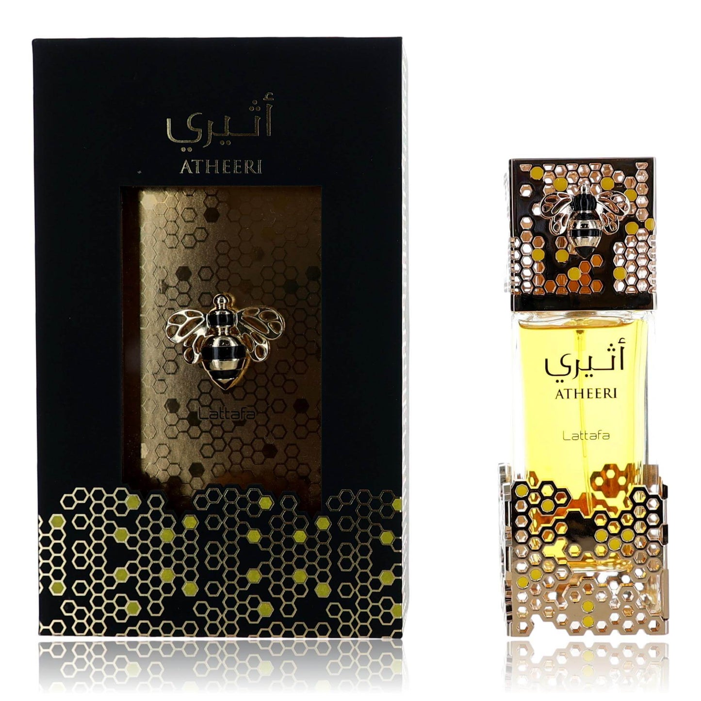 Women's eau de parfum spray bottle and box, black and gold geometric design