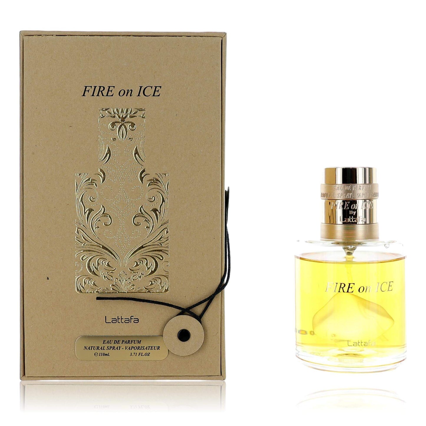 Unisex EDP spray perfume bottle with gold cap and amber yellow liquid, in kraft box